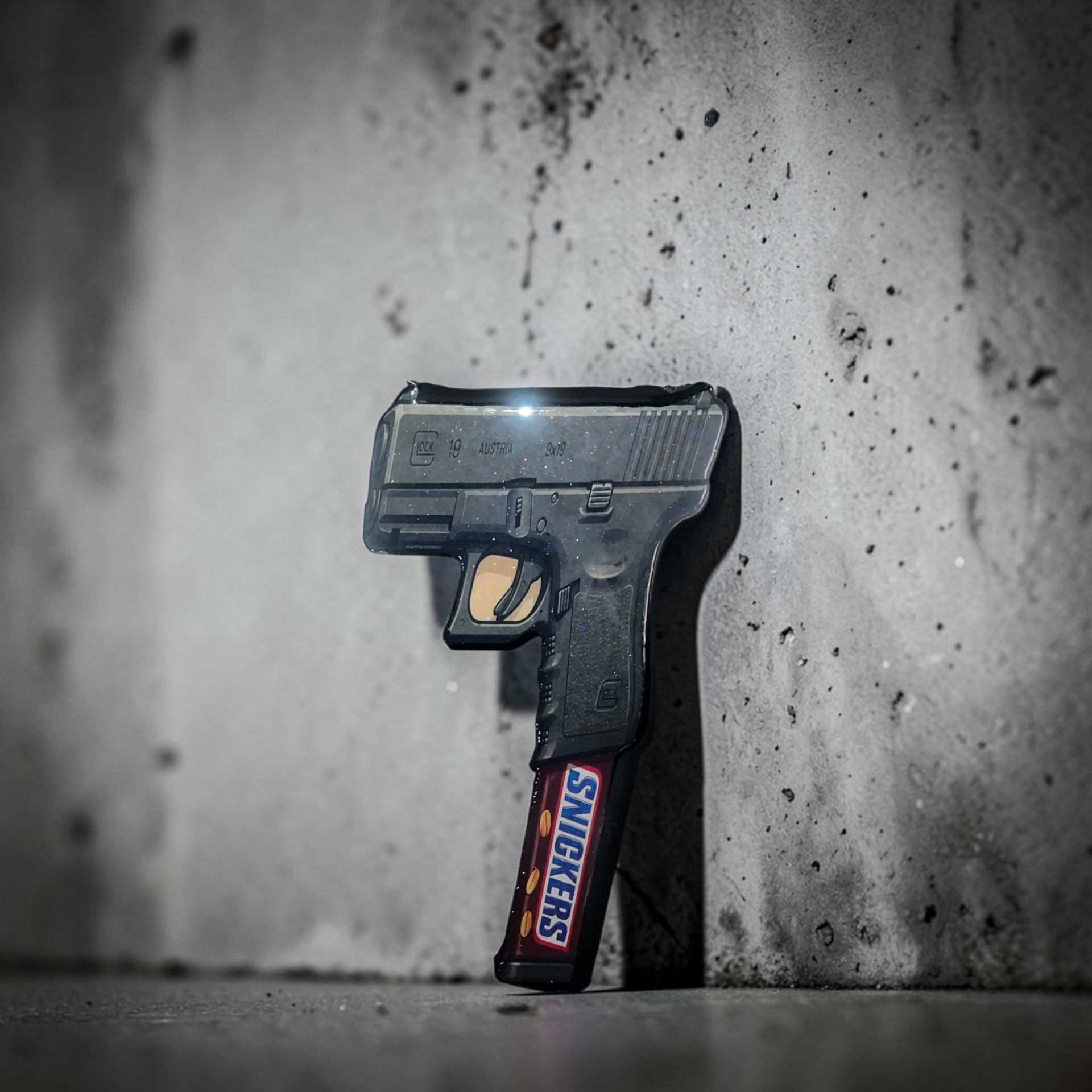 Custom hand-cut and epoxy Snickers-themed Glock wall art piece on wood with glossy resin finish and bold branding detail