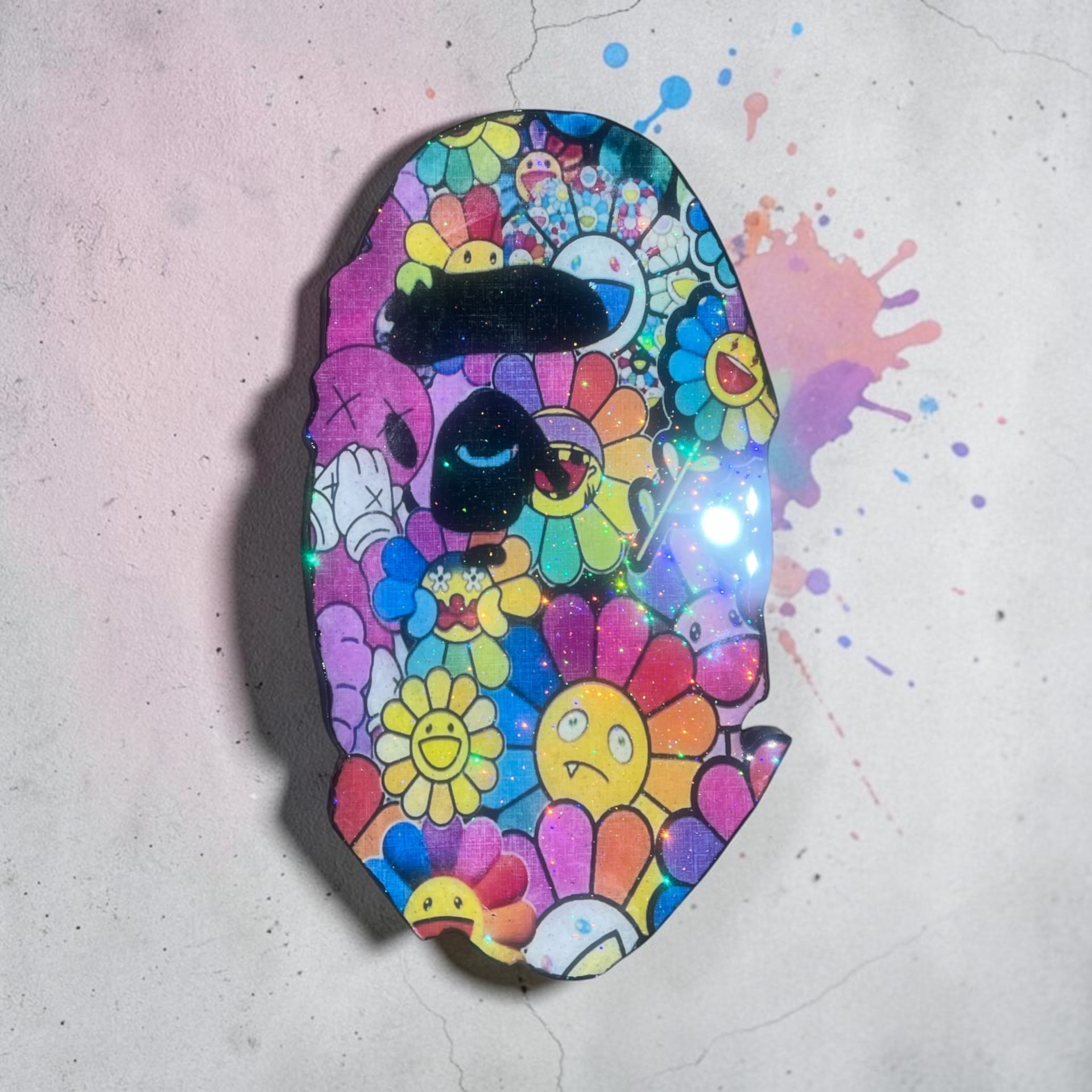 Custom hand cut and epoxy colorful cartoon skull wall art on wood with vibrant flower characters and glossy resin finish
