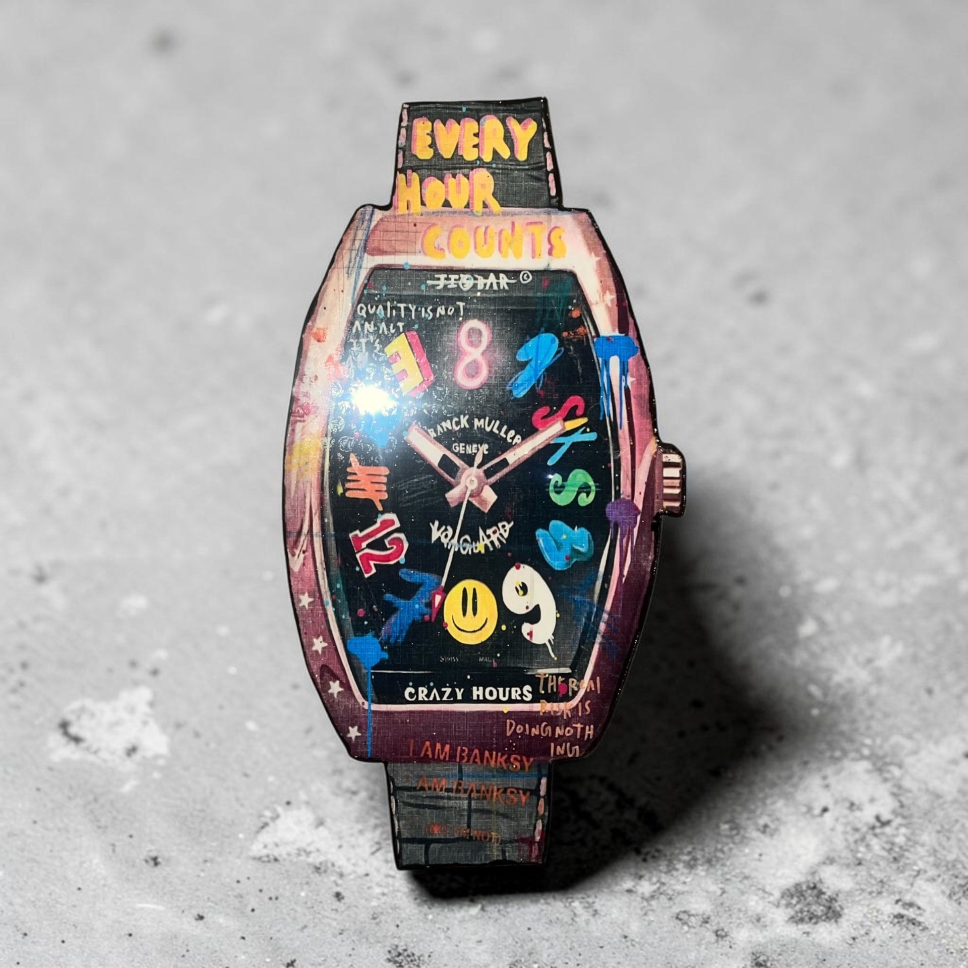 Custom hand-cut and epoxy watch-shaped wall art on wood with bold graffiti details and glossy resin finish