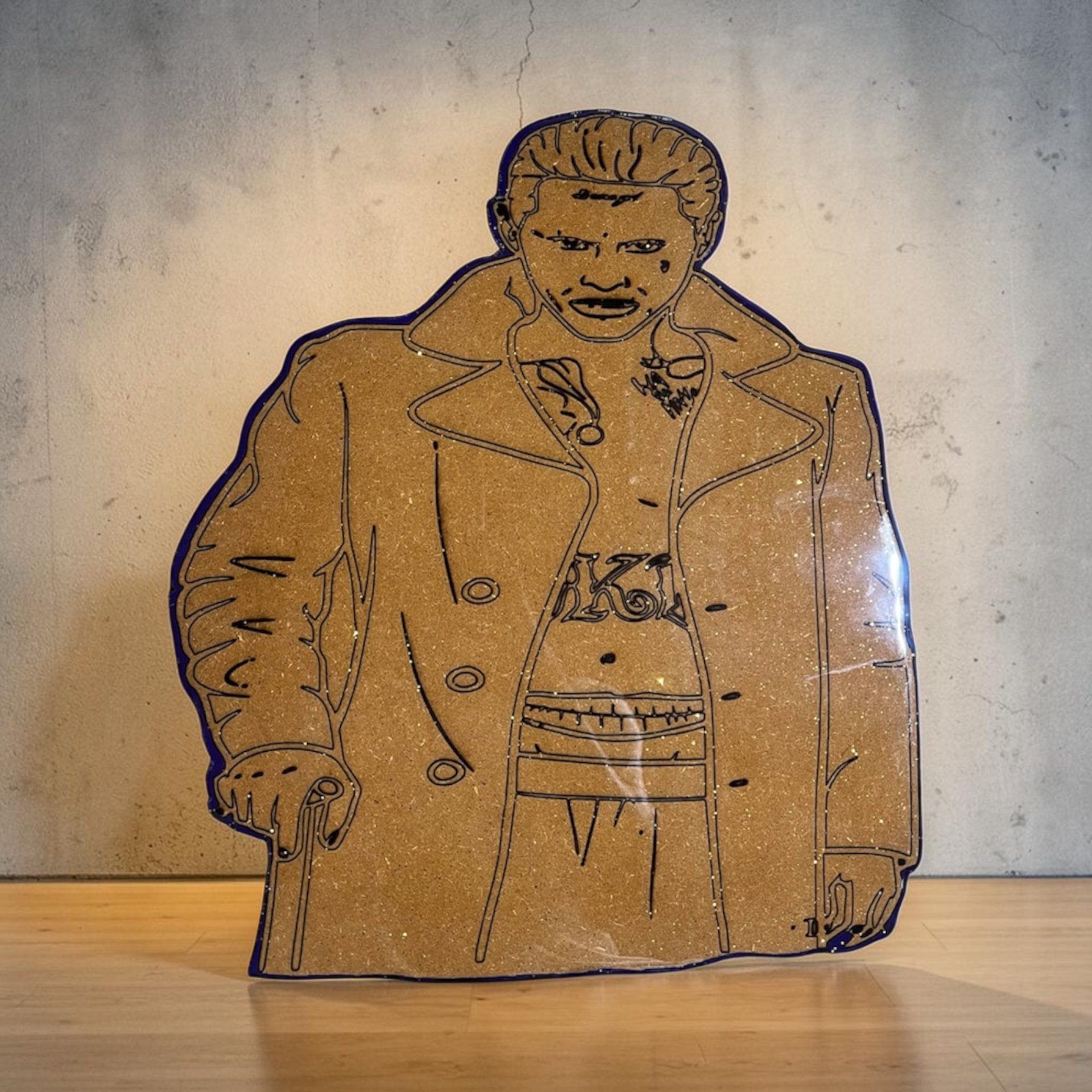 Custom laser engraved, hand cut, hand painted, and epoxy trench coat portrait wall art on wood