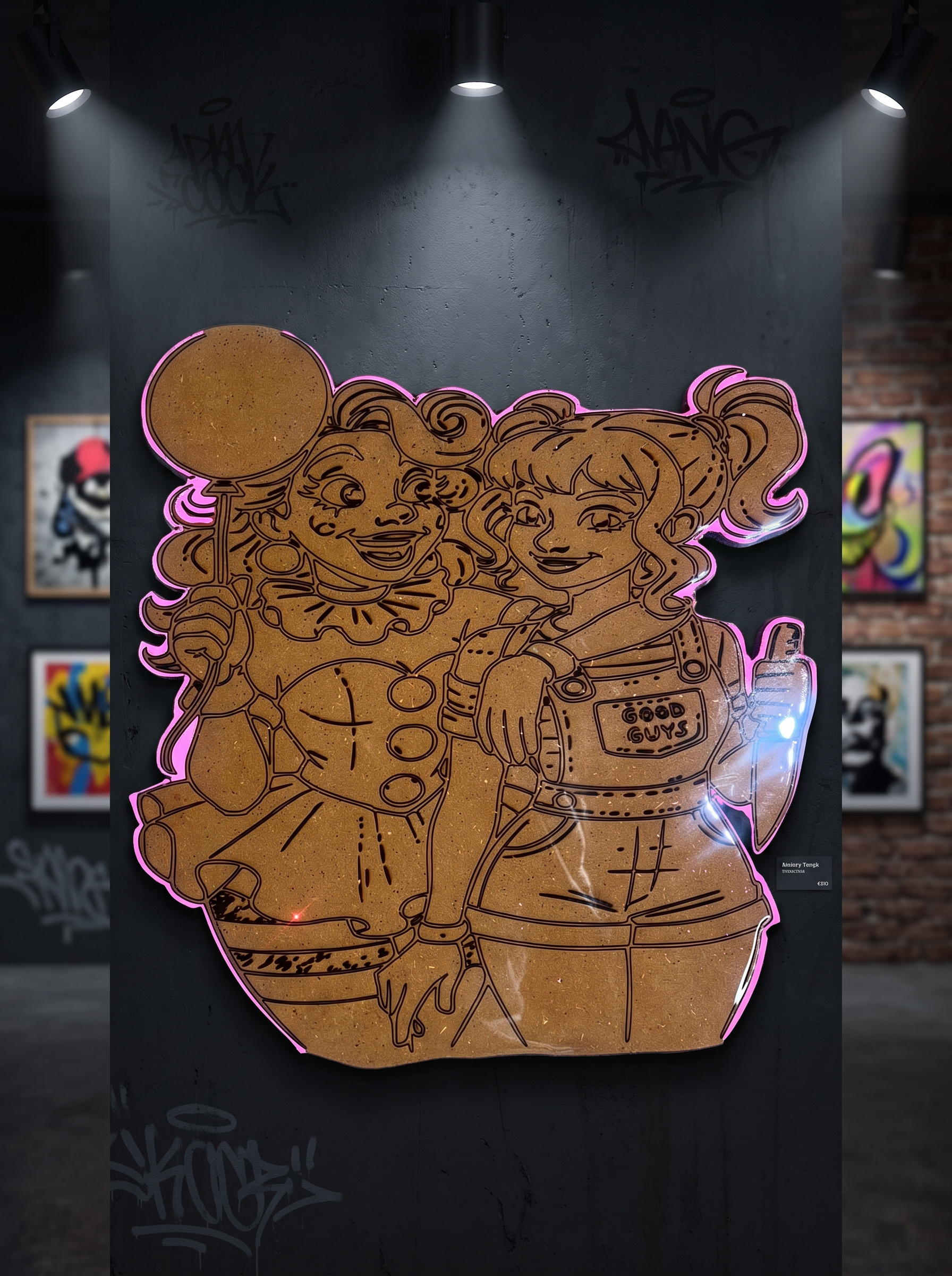 Custom hand cut epoxy Harley Quinn wall piece with glossy pink epoxy edge and engraved cartoon detail