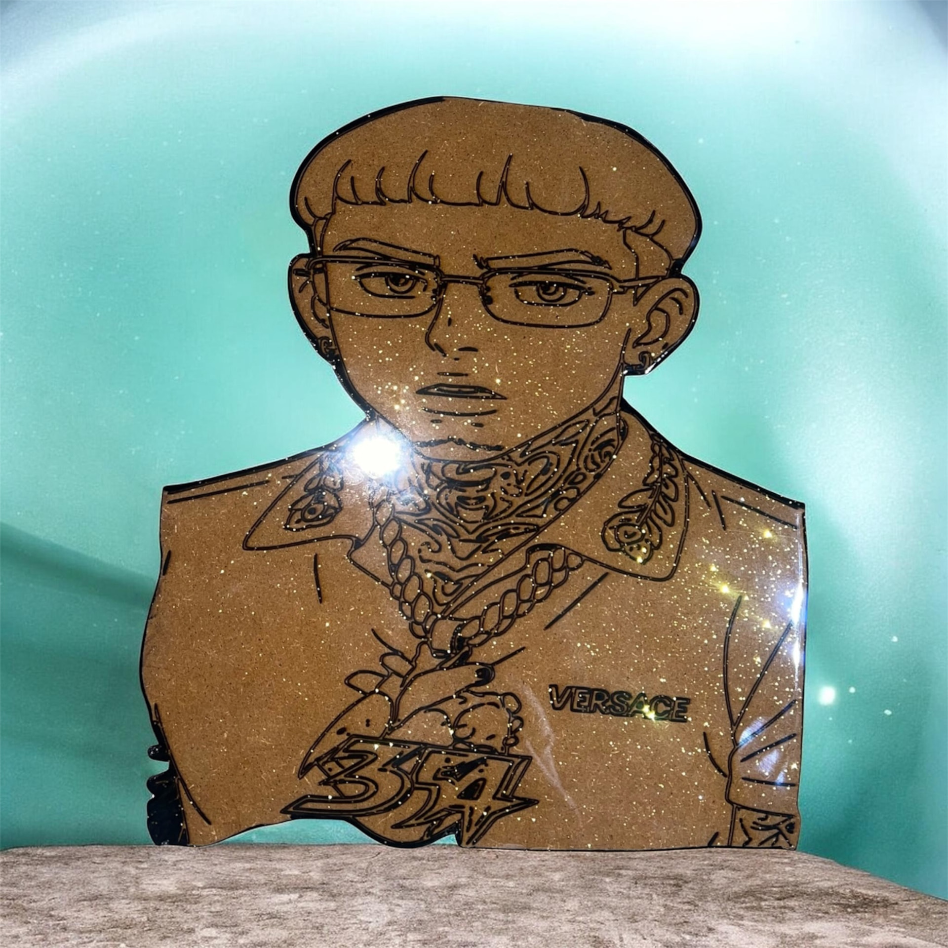 Custom hand-cut epoxy portrait wall art with engraved linework and glossy glitter resin finish