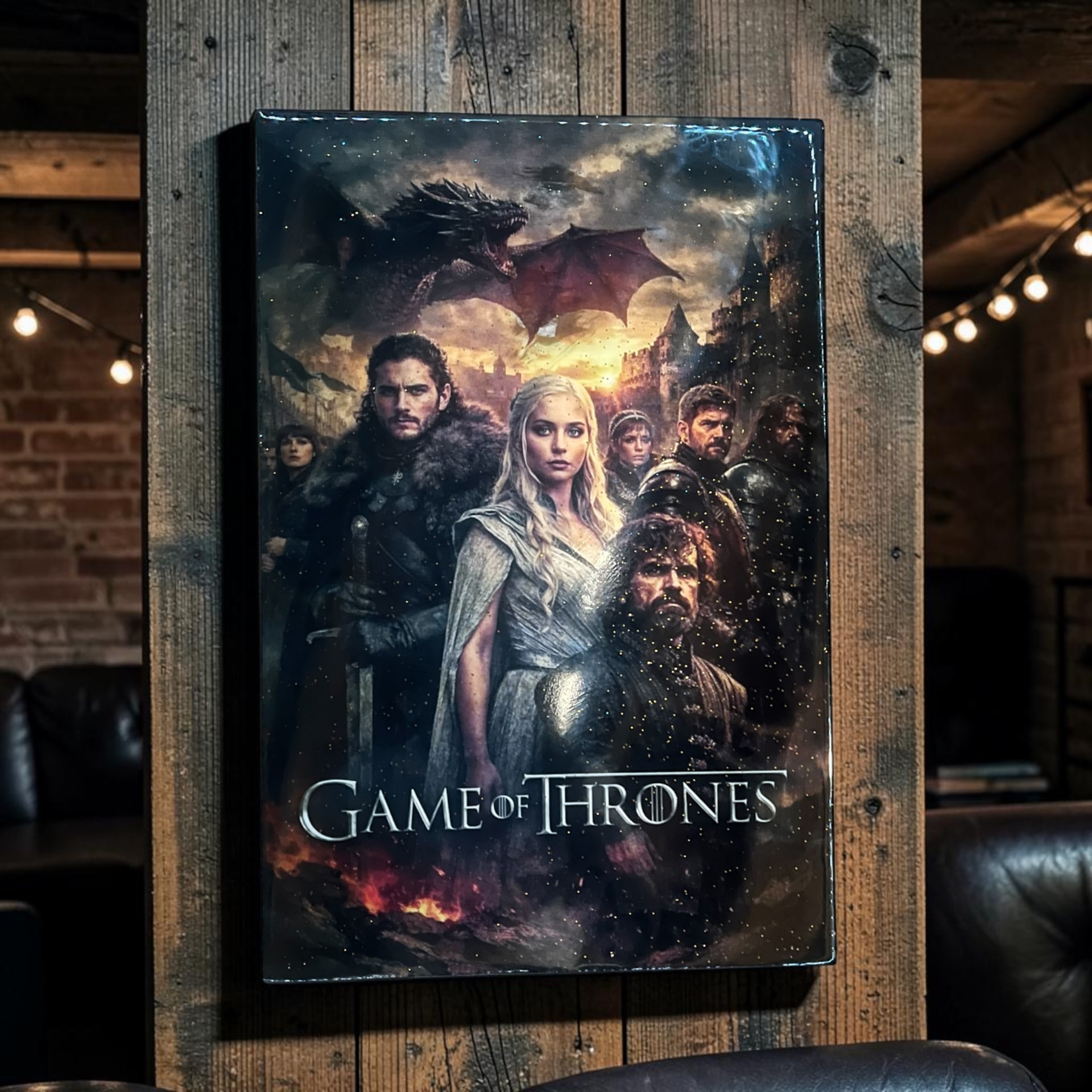 Custom hand cut Game of Thrones epoxy wood wall art featuring iconic characters, dragon, and castle scene