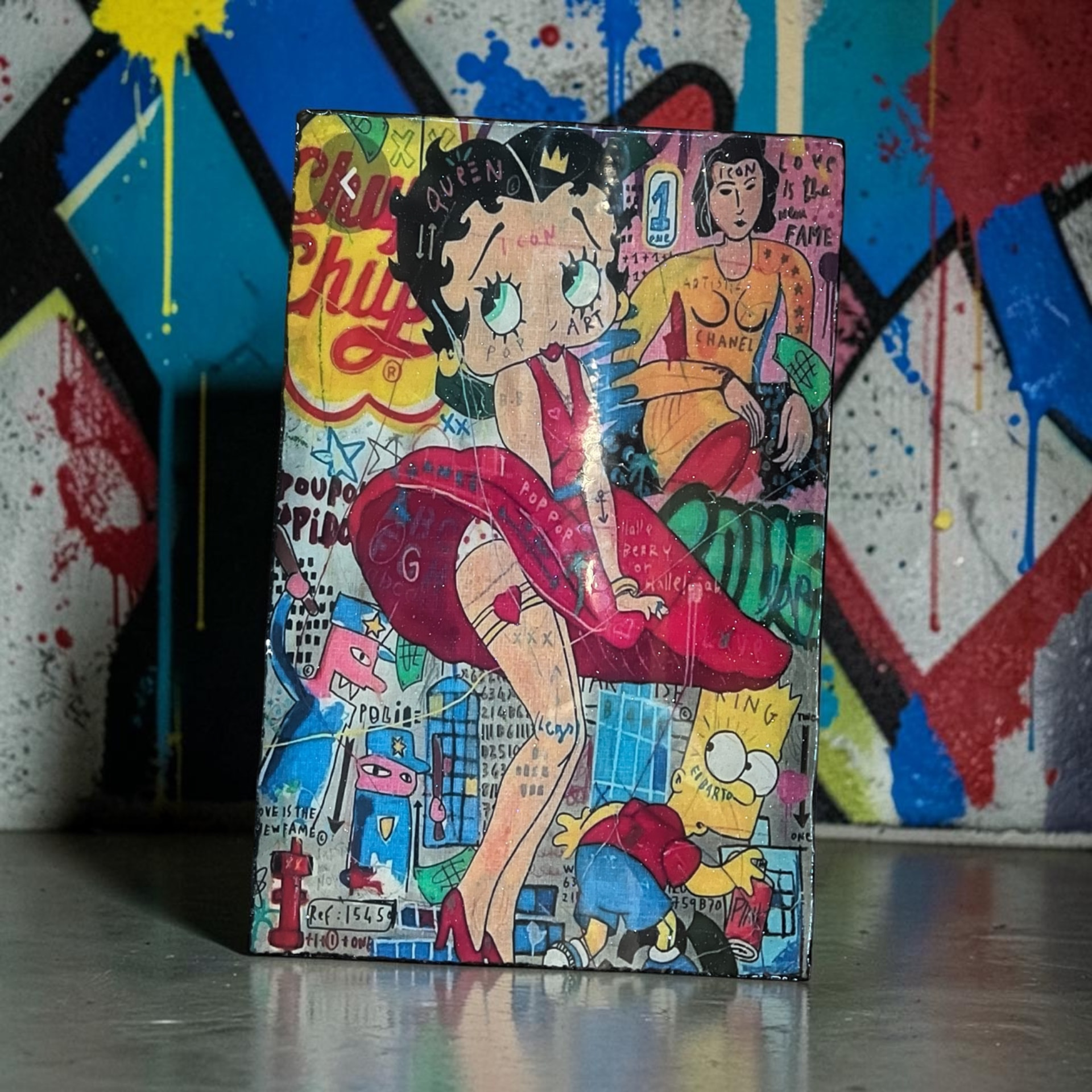 Custom hand cut Betty Boop pop art epoxy wood wall piece with glossy resin finish and graffiti-inspired collage details