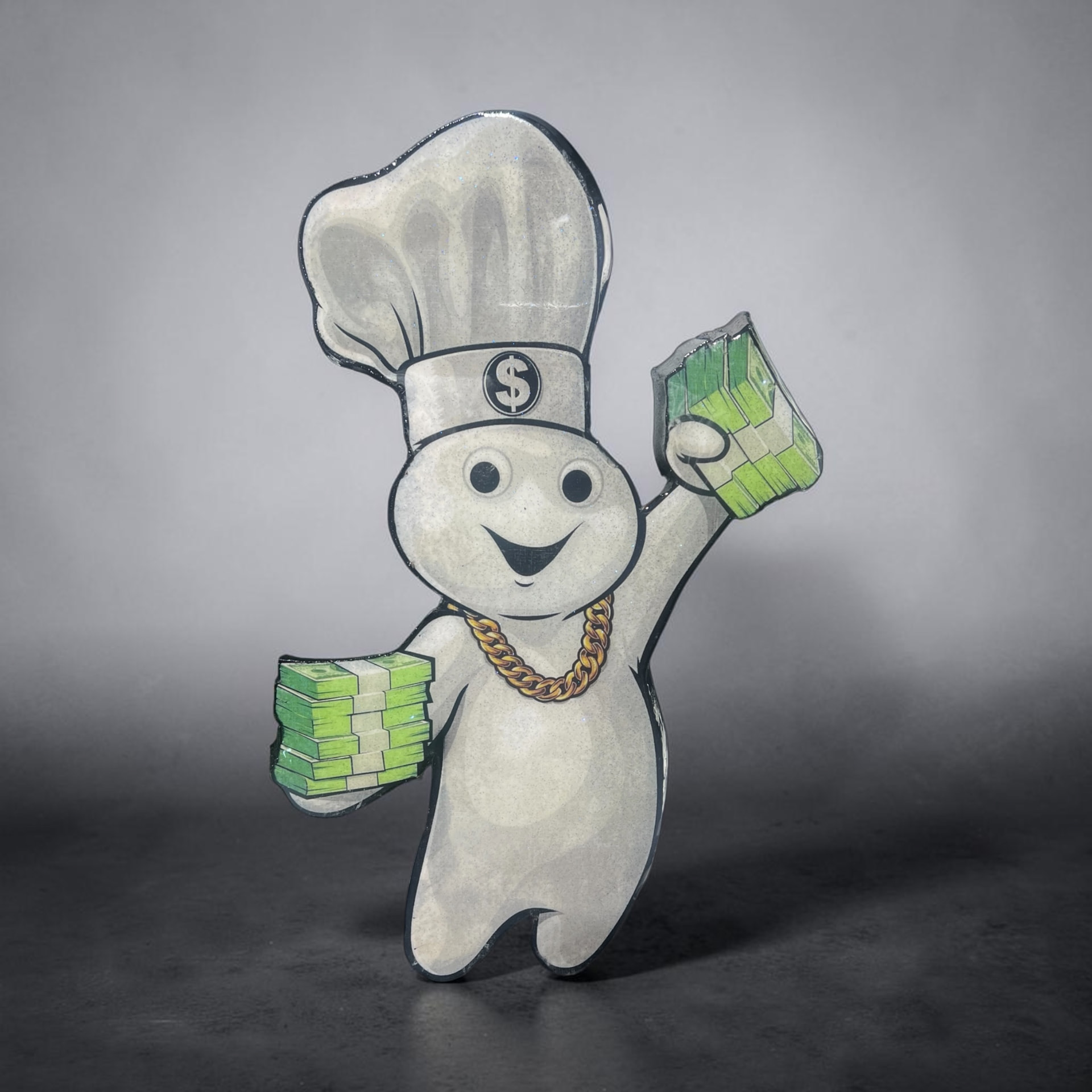 Custom hand-cut and epoxy Doughboy with money stacks and gold chain wall art on wood