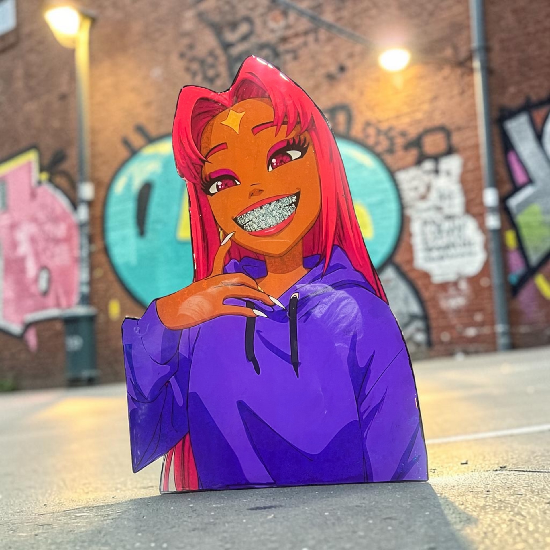 Custom hand-cut and epoxy Purple Hoodie Diva wall art piece on wood with glossy resin finish, vibrant colors, and diamond-grill character detail