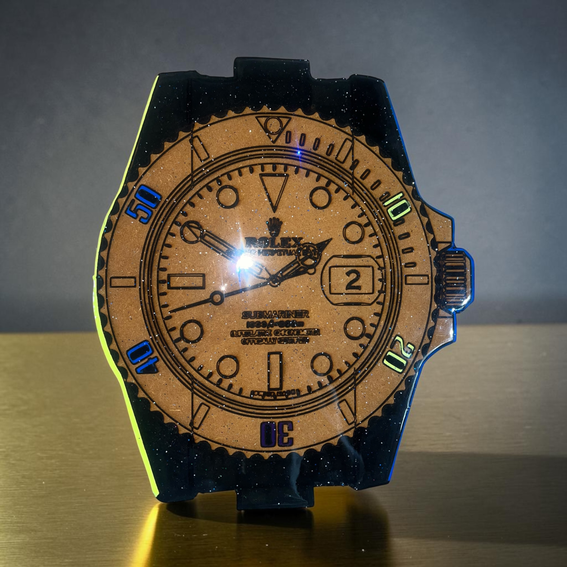 Custom hand cut, painted, laser engraved, and epoxy Rolex bezel watch wall art on wood