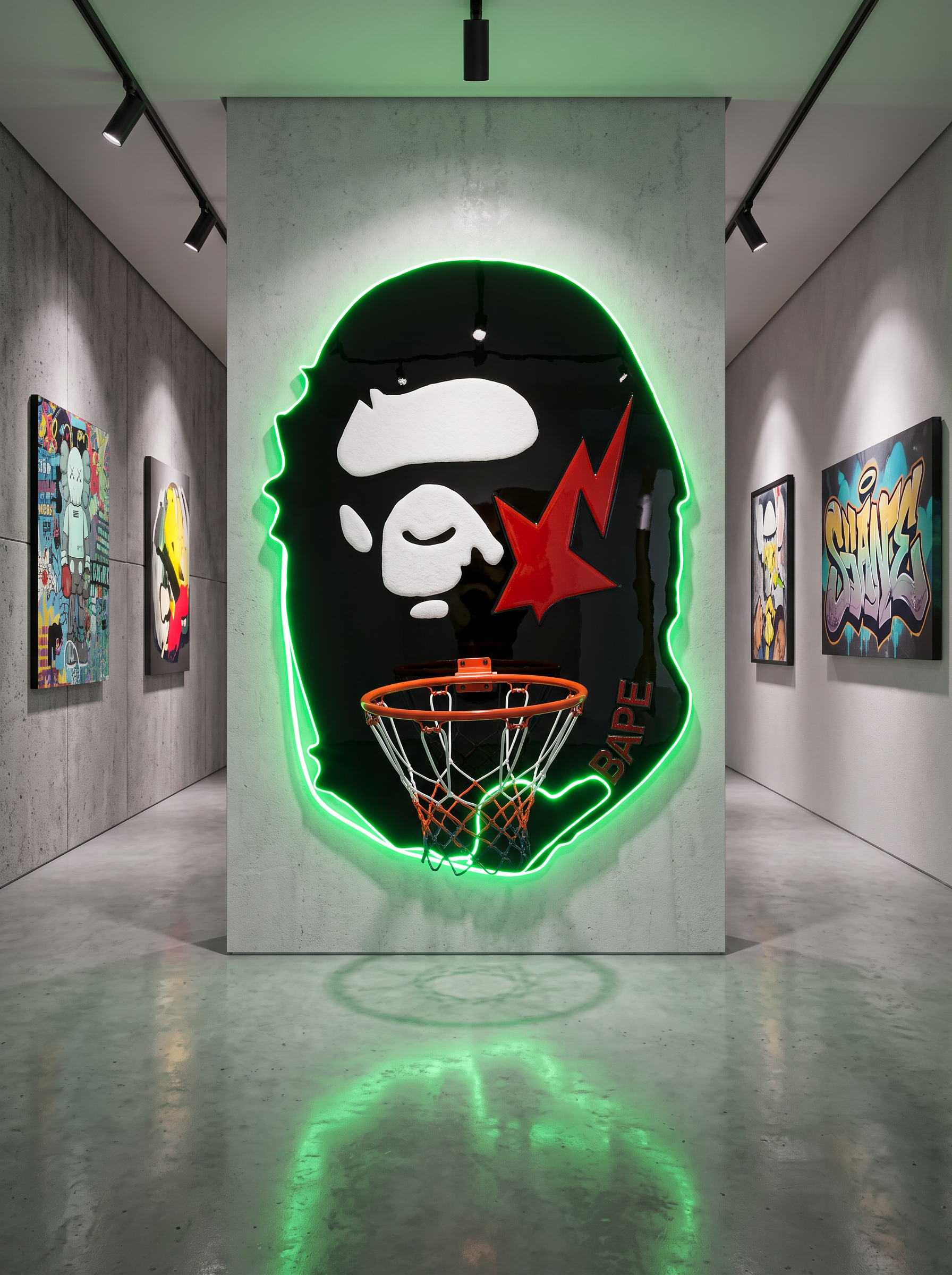 Custom hand-cut 4ft LED ape head basketball goal with green LED outline and glossy black epoxy finish