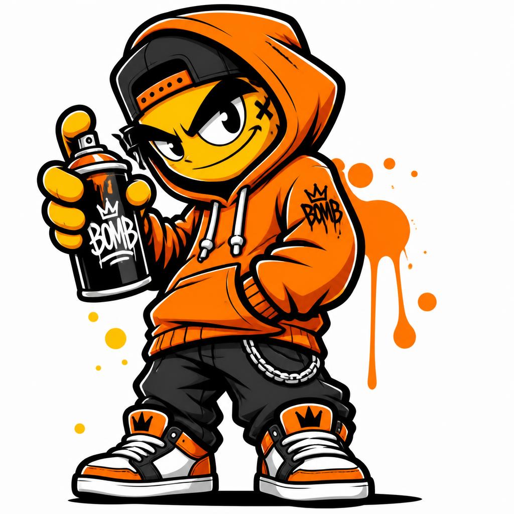A bold cartoon character drawn in graffiti street style