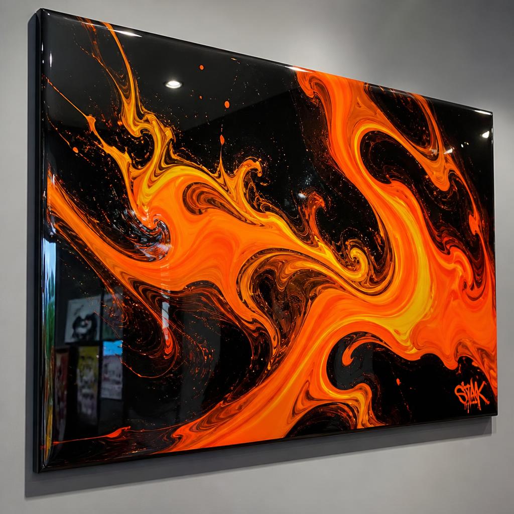 A vibrant epoxy wall art piece with orange flame patterns