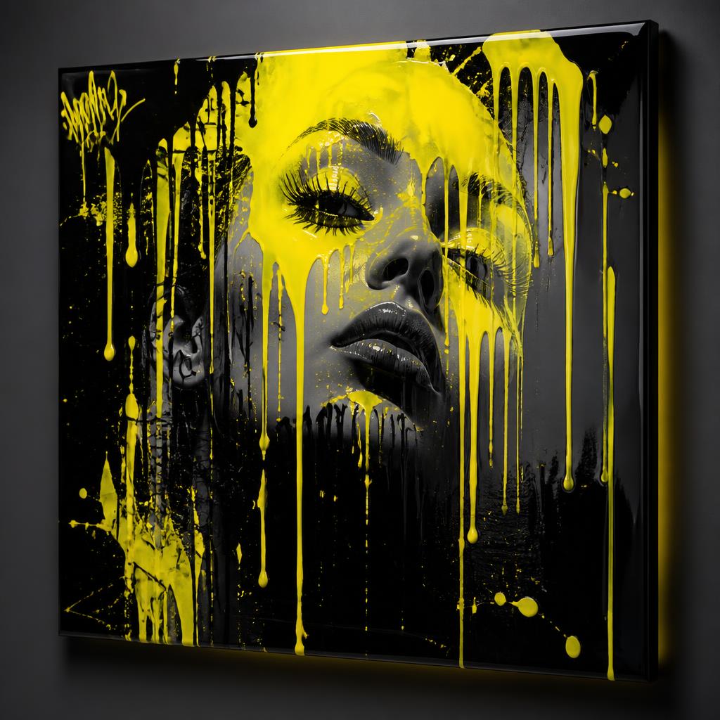Epoxy resin wall art with neon drip and yellow highlights