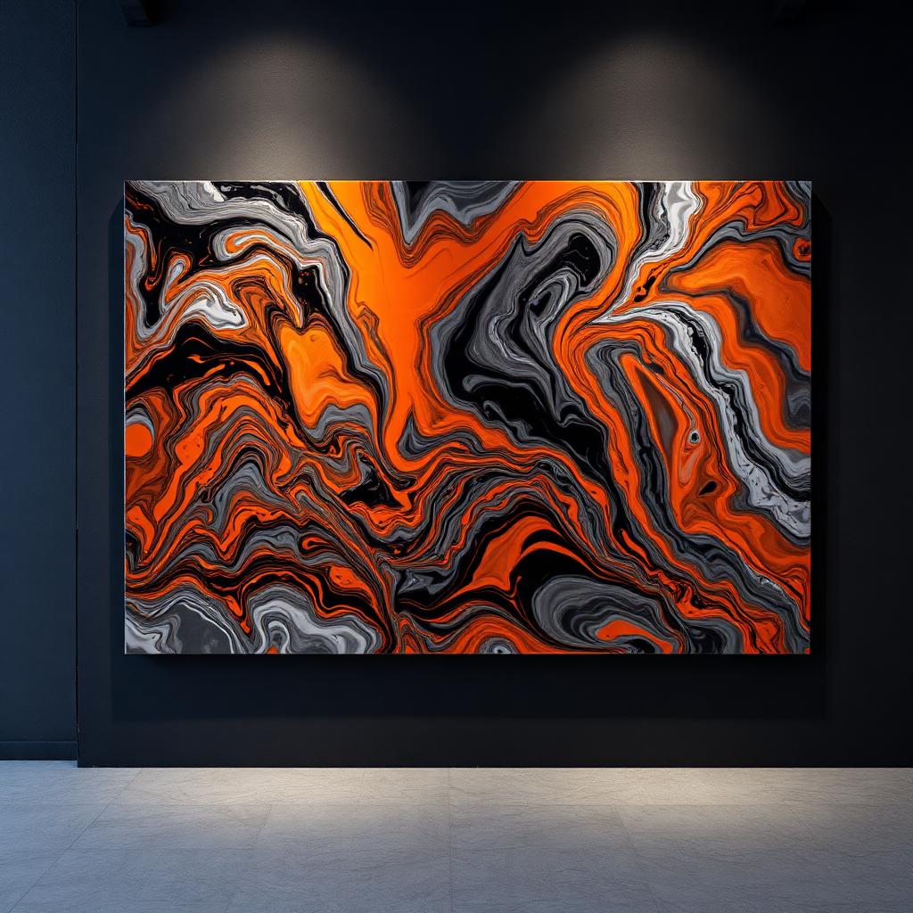Large epoxy resin wall panel with orange, black and white marbling