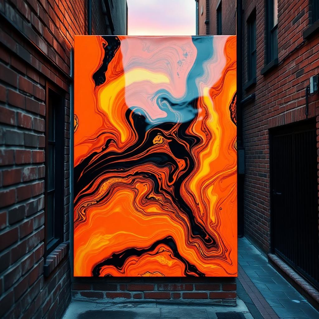 Glossy epoxy resin panel mounted on a brick alley wall at dusk