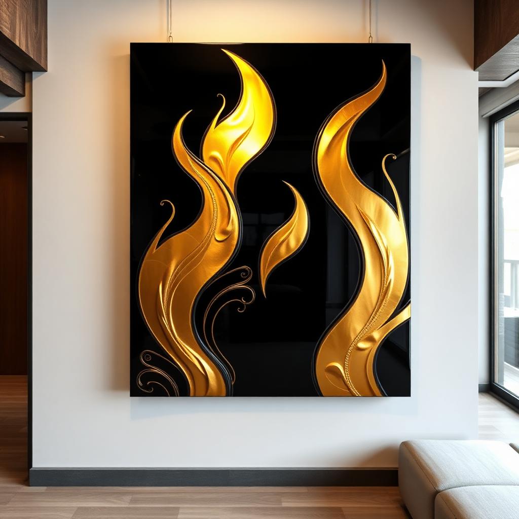 Epoxy wall art with gold flame shapes on black